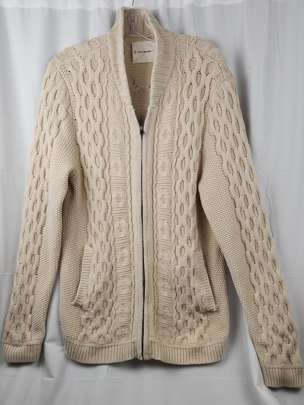 Lucky Brand Men’s Cream Cable-Knit Zip Cardigan